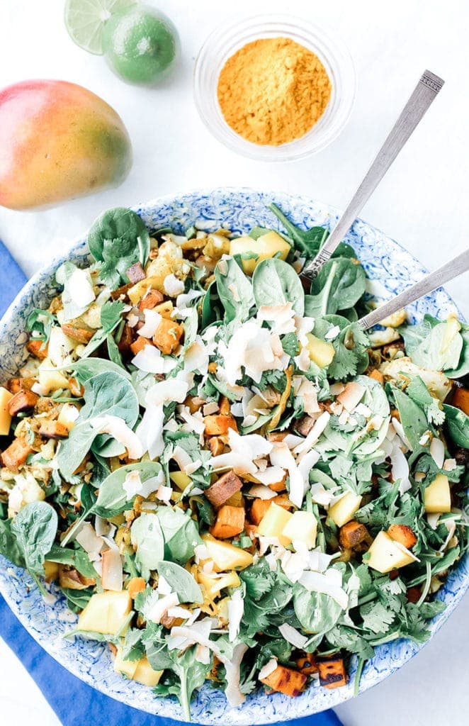 Spinach, mango, and curried sweet potato salad from above.