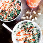Garlic ginger kale bowls with cauliflower rice from above.