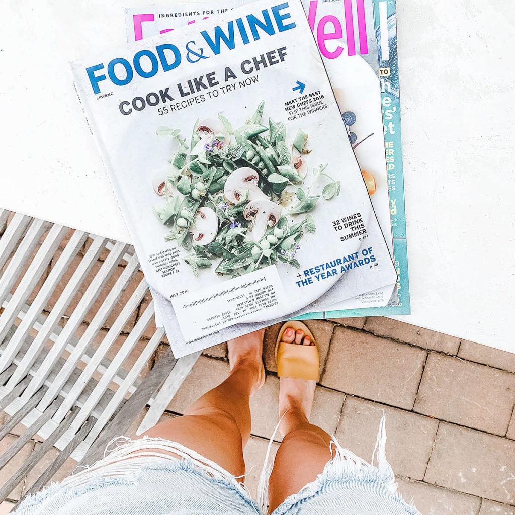Food magazines on a white table.