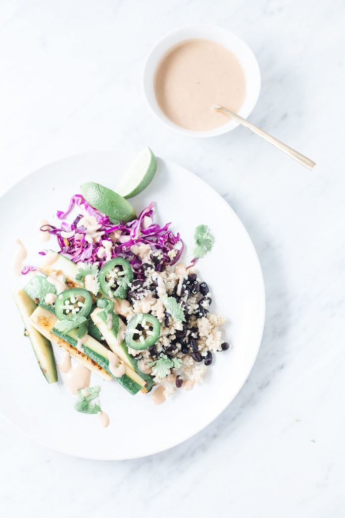 Black bean zucchini bowls on a white plate.