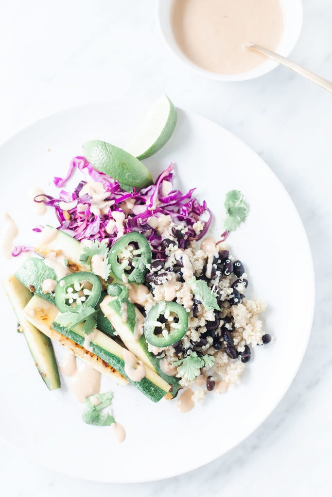 Black bean zucchini bowls on a white plate.